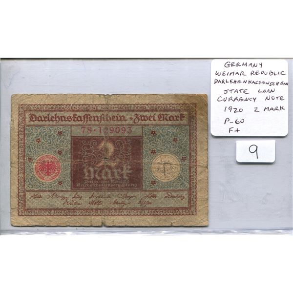Germany. Weimar Republic. 1920 2 Mark Darlehenkassenschein (State Loan Currency Note). P-60. F+.