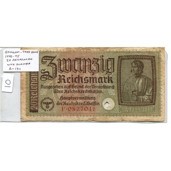 Germany. Third Reich. 1940-1945 20 Reichsmark. Swastika. R-139. F.