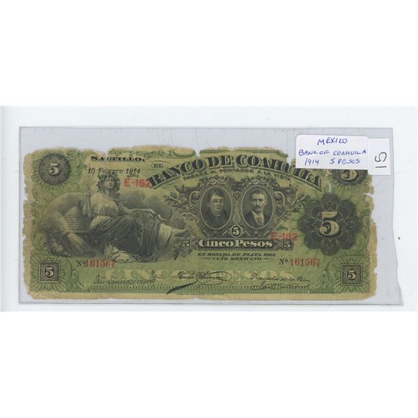 Mexico. Bank of Coahuila 1914 5 Pesos. G.