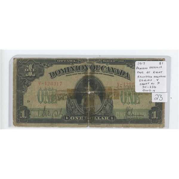 1917 Dominion of Canada $1 note. ONE at right. No Seal. Saunders signature. Series V. Sheet Number D