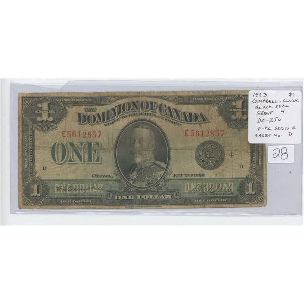 1923 Dominion of Canada $1. Campbell-Clark signatures. Black Seal. Group 4. Series E. Sheet Number D
