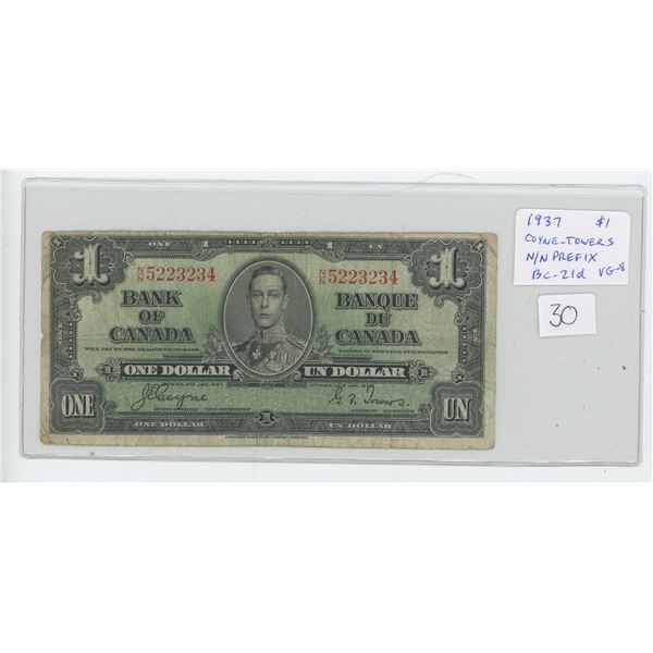 1937 Bank of Canada $1. George VI. Coyne-Towers signatures. N/N Prefix. BC-21d. VG-8.