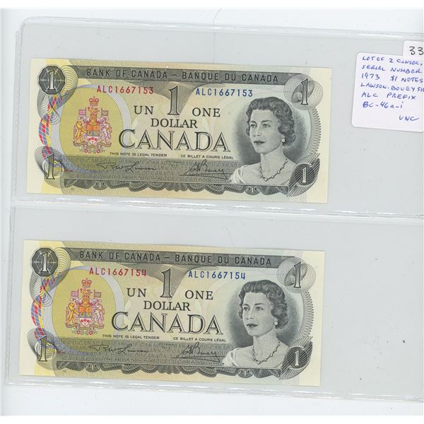 Lot of 2 Consecutive Serial Number 1973 $1 notes. Lawson-Bouey signatures. ALC Prefix. Serial Number