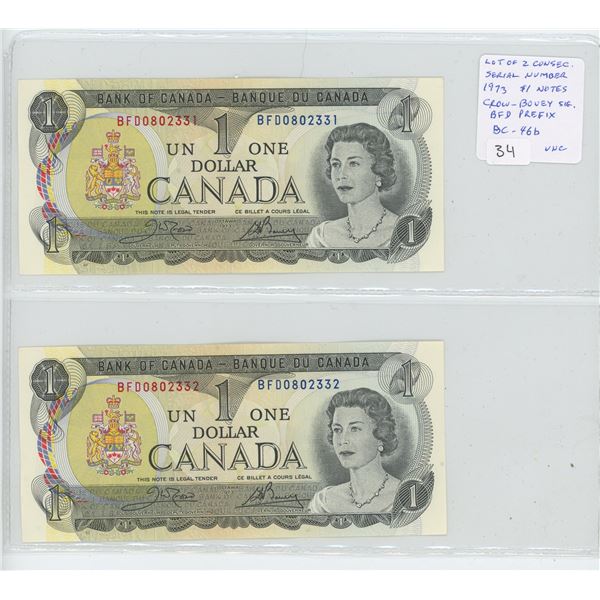 Lot of 2 Consecutive Serial Number 1973 $1 notes. Crow-Bouey signatures. BFD Prefix. Serial Numbers 