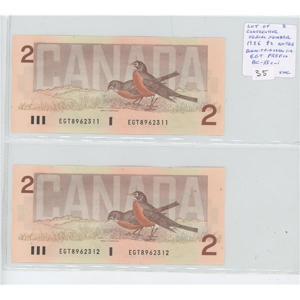 Lot of 2 Consecutive Serial Number 1986 $2 notes. Bonin-Thiessen signatures. EGT Prefix. Serial Numb
