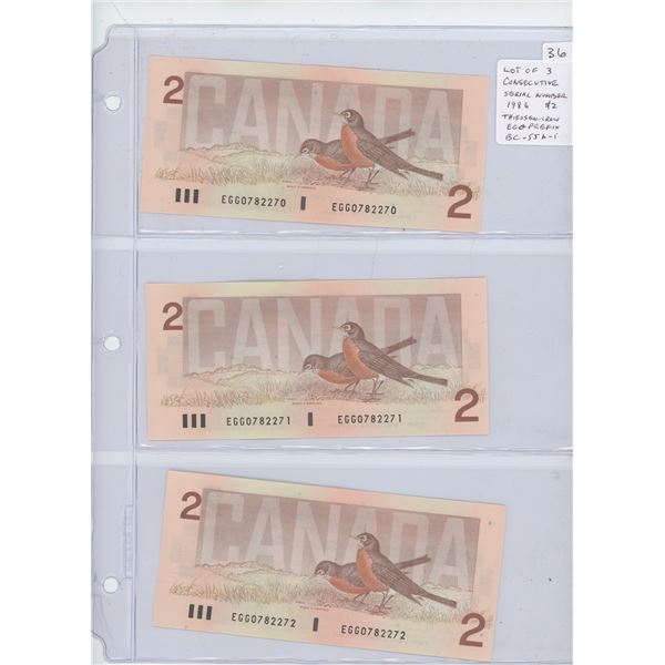 Lot of 3 Consecutive Serial Number 1986 $2 notes. Thiessen-Crow signatures. EGG Prefix. Serial Numbe