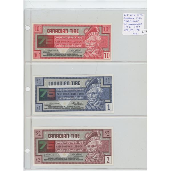 Lot of 3 Canadian Tire Money Scrip. Issued on the 75th Anniversary of the company in 1997. Includes 