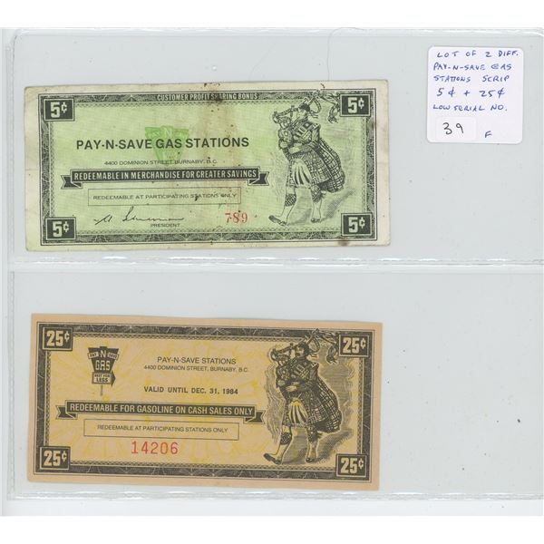 Lot of 2 Pay-N-Save Gas Stations Scrip. 5 cents has serial number 789; 10 cents has serial number 14