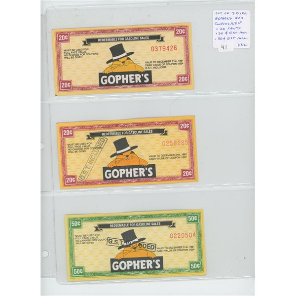 Lot of 3 Gopher’s Gas Coupons Scrip. 20 cents, 20 cents with “GST INCLUDED” stamped on the note, and