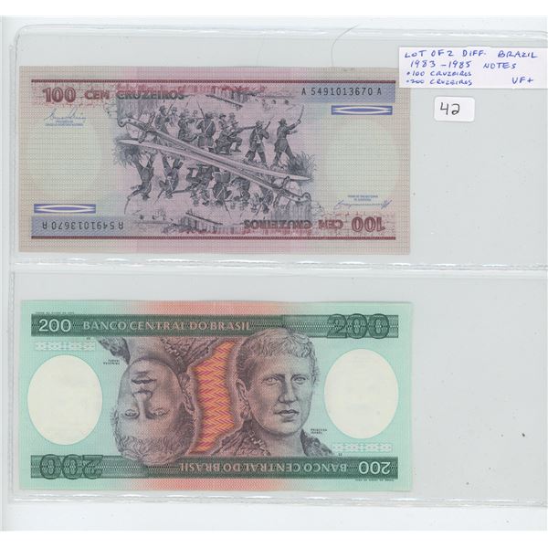 Lot of 2 Brazil bank notes. Both notes from the 1983-1985 series including 100 cruzeiros & 200 cruze