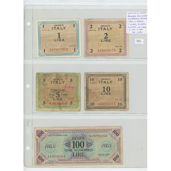 Lot of 5 different Allied Military Currency notes issued for use in Italy. Dated 1943 & 1943A series