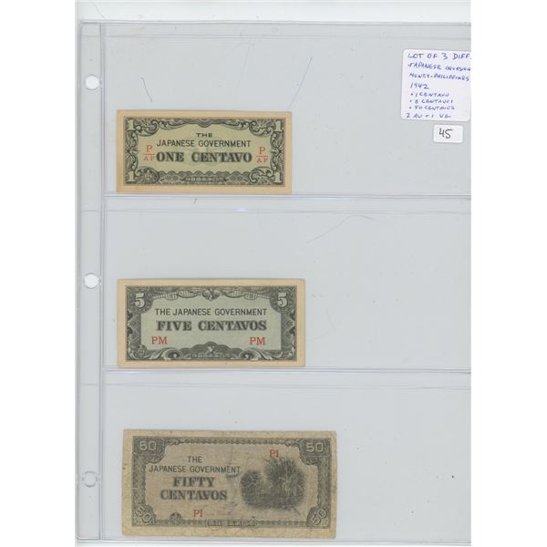 Lot of 3 Japanese Invasion Money for the Philippines. Issued by the Japanese military during their i