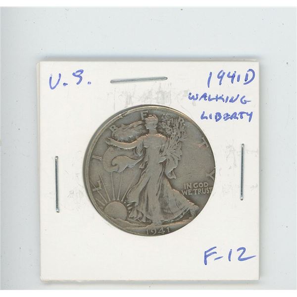 U.S. 1941D Walking Liberty Half Dollar. F-12. Issued before the U.S. joined World War II.
