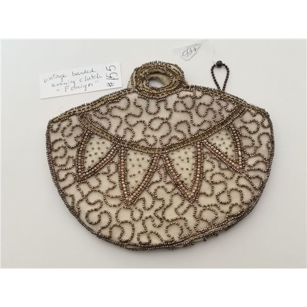 Cream coloured beaded evening bag, marked “Foreign”
