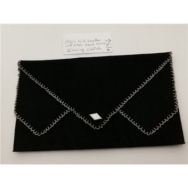 Black kid leather evening clutch with steel bead trim, 1920’s