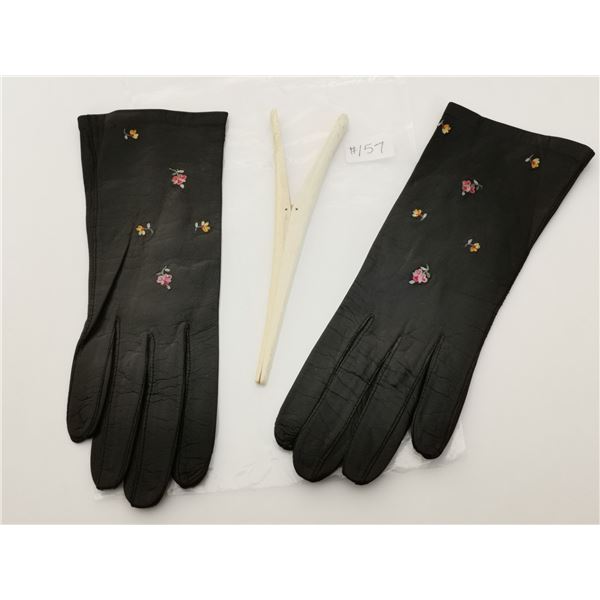 Brown kid leather embroidered gloves, made in France, and bone glove stretcher