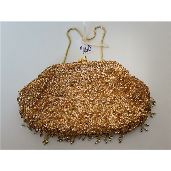 Gold bead and sequin evening bag, tag reads “made in the British Crown colony of Hong Kong”