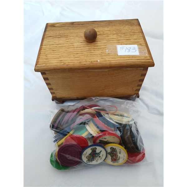 Handcrafted wood box with 65 assorted Jello wheels