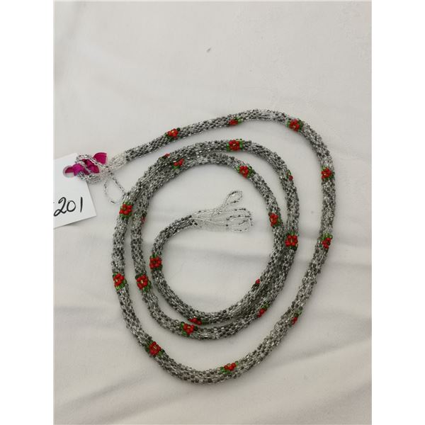 Silver with roses beaded flapper necklace, 42”, 1920’s