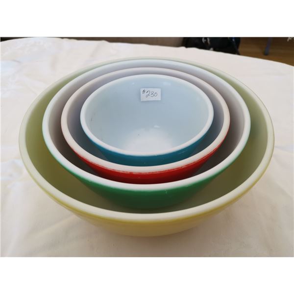Pyrex primary set of bowls, yellow, green, red and blue