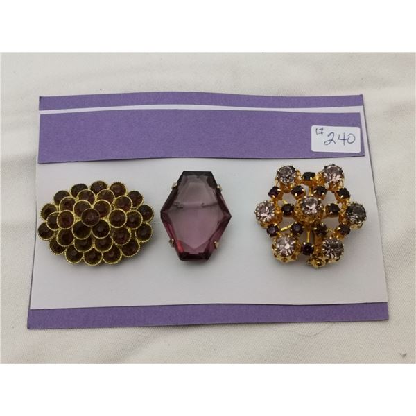 Card of 3 “purple” broaches