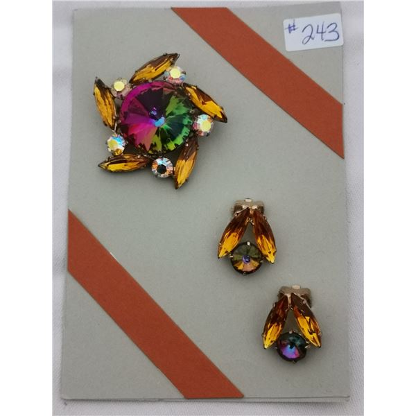 Card with rhinestone broach and clip earrings
