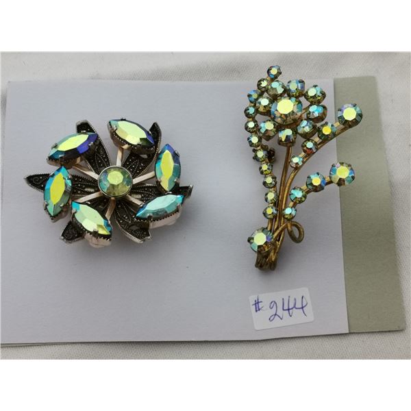 Card of 2 aurora borealis rhinestone broaches