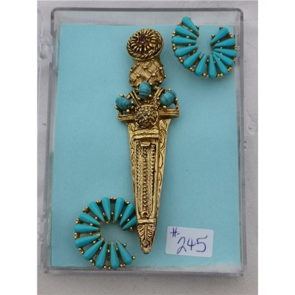 Turquoise and gold tone broach and clip earring set