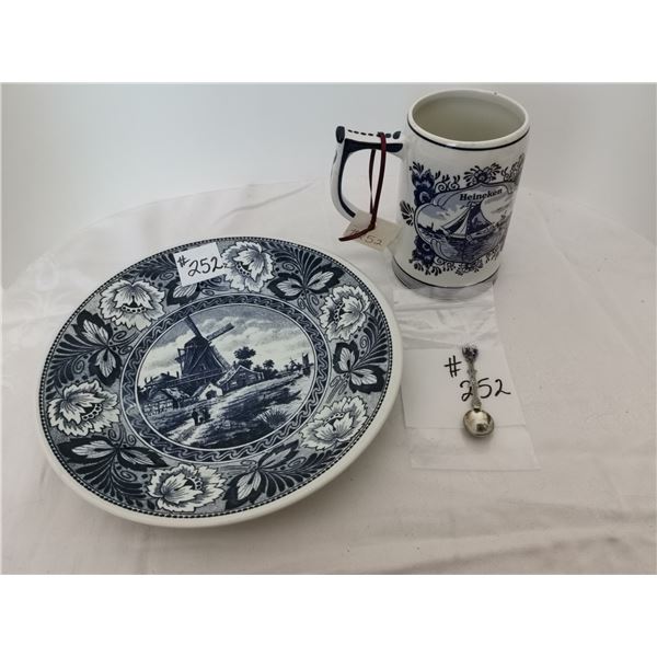 Delft mug, serving plate and souvenir spoon, made in Holland