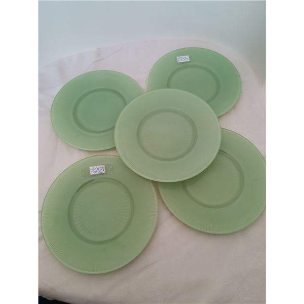 Green Saguenay luncheon plates, 8 “, Dominion Glass, 1940-45 (4 plates)