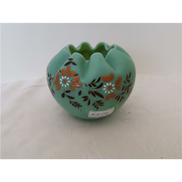 Crimped blue satin glass rose bowl with enamel trim