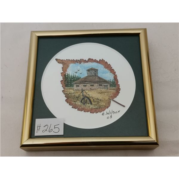 Original acrylic on an elm leaf, “Roundhouse at Indian Head” by E. Wilson, ‘08