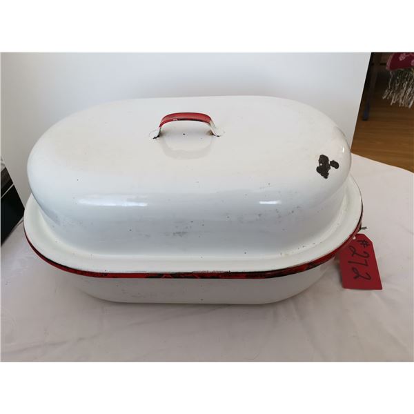 White and red enamel roaster, 18” long