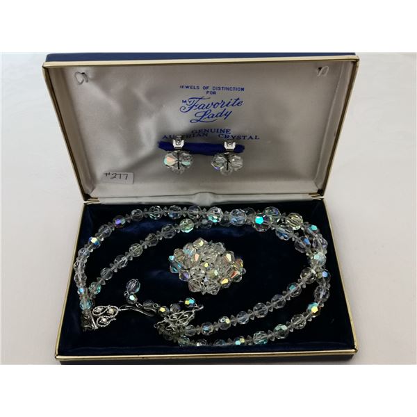 “Favorite Lady” Austrian crystal necklace, broach, clip earring set in box