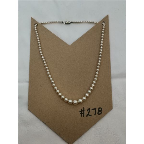 Faux pearl necklace with sterling clasp, 15”