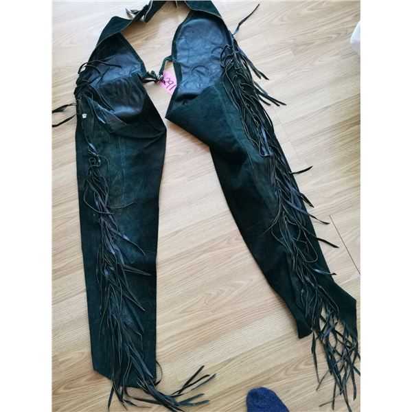 Pair of green leather fringed chaps