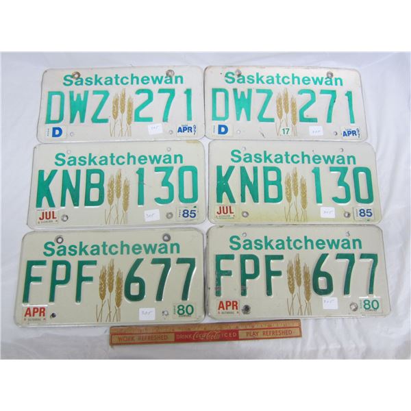 Lot of 3 Pairs of Saskatchewan License Plates 1980's -1990's