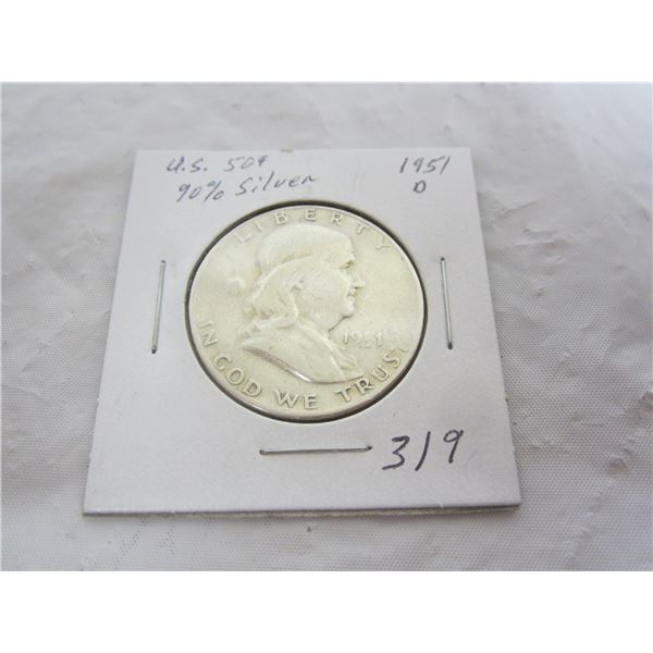 Silver Benjamin Fifty Cent Piece 1951 D