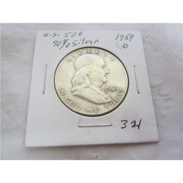 Silver Benjamin Fifty Cent Piece 1959 D