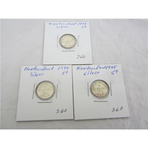 Three Newfoundland Silver Five Cents 1943,1944,1945