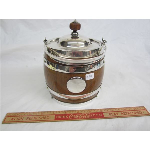 English Oak and Silver Plate Biscuit Barrell Nice Condition