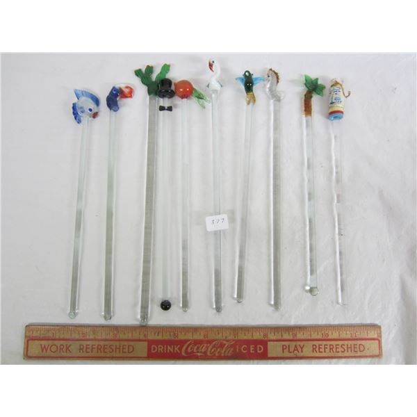 Ten Glass Swizzel Sticks with different Animals ,Flowers ect