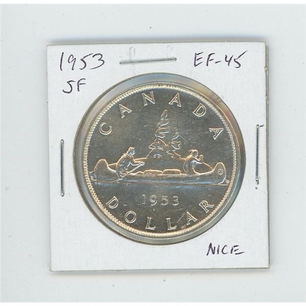 1953 Shoulder Fold Silver Dollar. The first issue of Elizabeth II. EF-45. Nice.