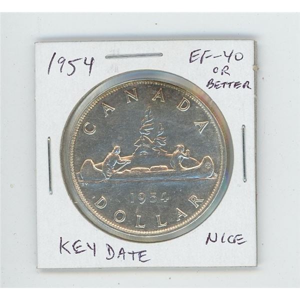 1954 Full Water Lines Silver Dollar. Key Date. Mintage of 246,606. EF-40 or better. Nice.