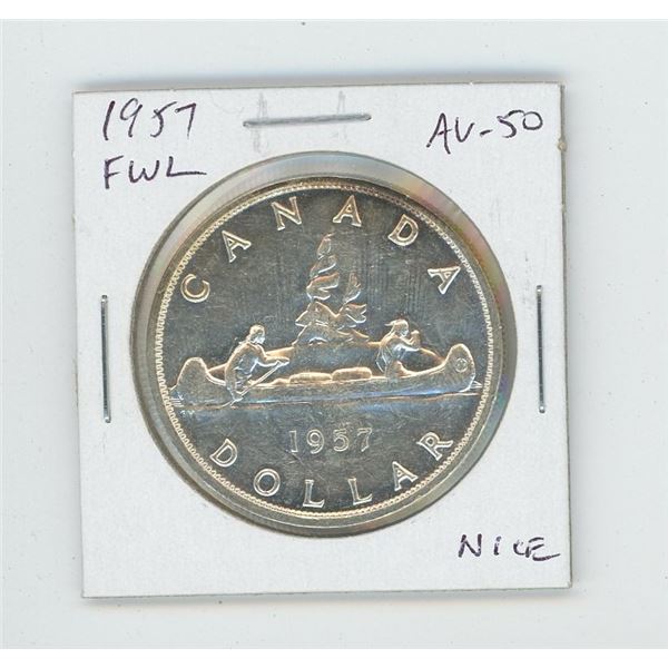 1957 Full Water Lines Silver Dollar. AU-50. Nice.