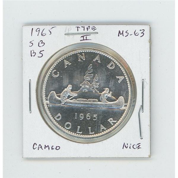 1965 Small Beads Blunt 5 Type II Silver Dollar. MS-63 with Cameo. Bright White. Nice.