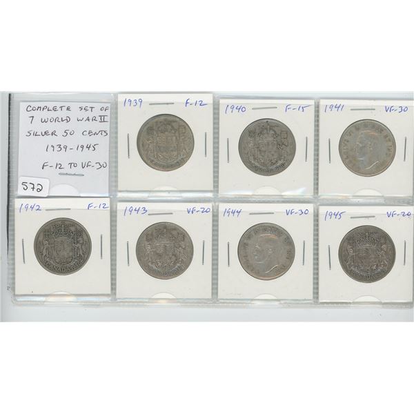 Complete set of 7 World War II Silver 50 Cents: 1939 – 1945. Coins grade F-12 to VF-30.