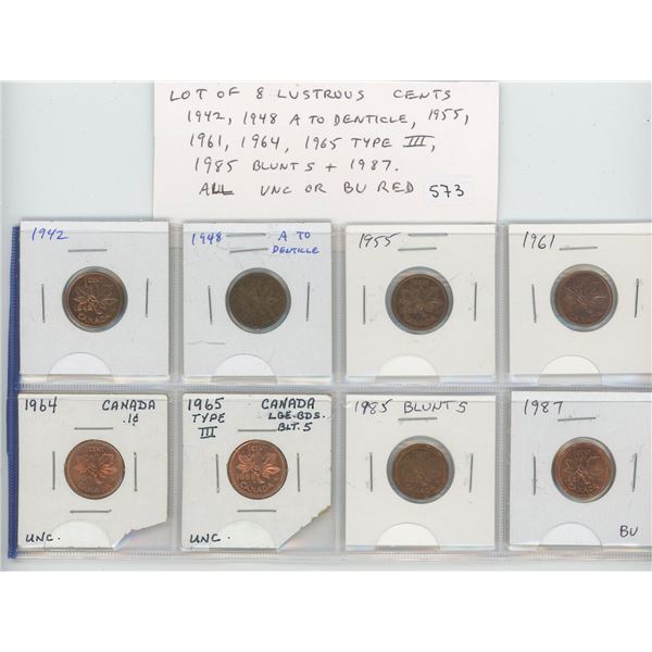 Lot of 8 Lustrous Small Cents: 1942, 1948 A to Denticle, 1955, 1961, 1964, 1965 Type III, 1985 Blunt