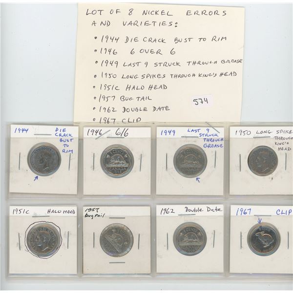Lot of 8 Canadian Nickel 5 Cents Errors & Varieties: 1944 Die Crack Bust to Rim, 1946 6/6, 1949 Last