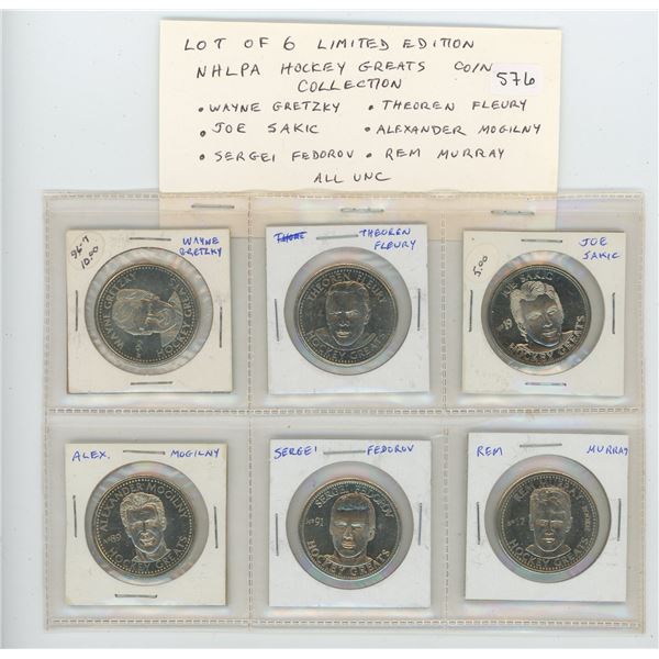 Lot of 6 Limited Edition NHLPA Hockey Greats Coin Collection. Includes Wayne Gretzky, Theoren Fleury